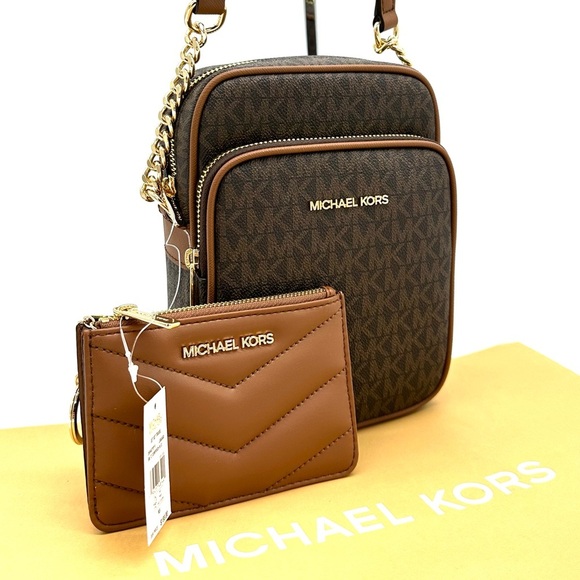 Michael Kors Medium NS Chain Xbody Bag & Small TZ Coinpouch w/ID Brown/Gold - Picture 3 of 14